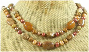 BROWN AGATE PICTURE JASPER FW PEARL 2ROW NECKLACE