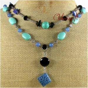 BLUE CINNABAR TURQUOISE AGATE LAPIS 2ROW NECKLACE