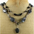 BLACK LABORADITE AGATE CRYSTAL PEARL 2ROW NECKLACE