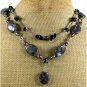 BLACK LABORADITE AGATE CRYSTAL PEARL 2ROW NECKLACE