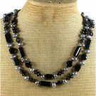 BLACK AGATE FRESH WATER PEARLS 2ROW NECKLACE