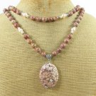 FLORAL JASPER & BROWN STRIPE JASPER & PEARL NECKLACE
