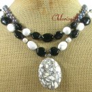 WHITE TURQUOISE BLACK AGATE FW PEARL 2ROW NECKLACE