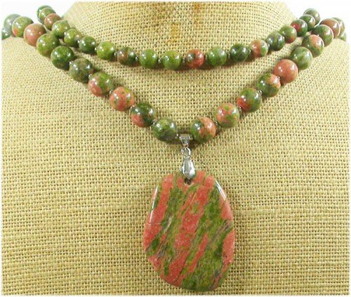 NATURAL UNAKITE GEMSTONE 2ROW NECKLACE