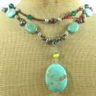 TURQUOISE & CRYSTAL & FW PEARL 2ROW NECKLACE