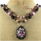 FLOWER LAMPWORK BLACK AGATE PINK JADE 2ROW NECKLACE