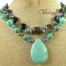 TURQUOISE BLACK AGATE PEARLS 2ROW NECKLACE