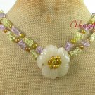 YELLOW JADE FLOWER QUARTZ PEARL 2ROW NECKLACE