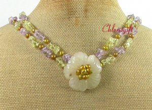YELLOW JADE FLOWER QUARTZ PEARL 2ROW NECKLACE