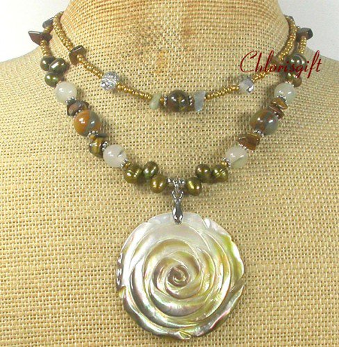 ABALONE ROSE TIGER EYE JADE PEARLS 2ROW NECKLACE