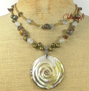 ABALONE ROSE TIGER EYE JADE PEARLS 2ROW NECKLACE