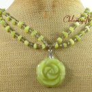 CARVED OLIVE JADE ROSE 2ROW NECKLACE