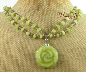 CARVED OLIVE JADE ROSE 2ROW NECKLACE
