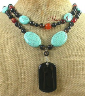 BLACK RED AGATE TURQUOISE 2ROW NECKLACE