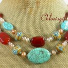 TURQUOISE RED CARNELIAN FLOWER LAMPWORK 2ROW NECKLACE