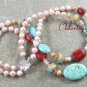 TURQUOISE RED CARNELIAN FLOWER LAMPWORK 2ROW NECKLACE