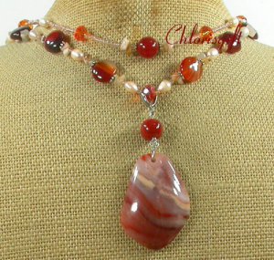 RED AGATE QUARTZ CRYSTAL PEARL 2ROW NECKLACE