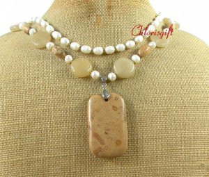 PICTURE JASPER & YELLOW JADE & FW PEARL 2ROW NECKLACE