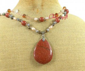 GOLDSTONE & QUARTZ & FW PEARL 2ROW NECKLACE