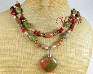 UNAKITE RED JASPER PEARLS 2ROW NECKLACE