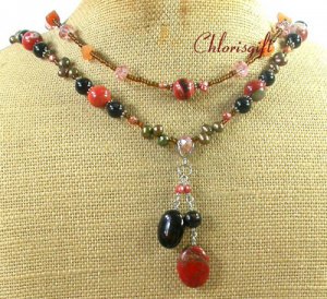 RED JASPER BLACK AGATE CRYSTAL PEARLS 2ROW NECKLACE