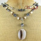 BOTSWANA AGATE CAT EYE CRYSTAL PEARLS 2ROW NECKLACE