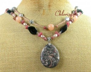 POPPY JASPER BLACK AGATE AVENTURINE PEARL 2ROW NECKLACE