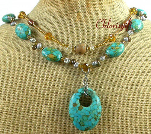 AFRICAN TURQUOISE CRYSTAL PEARLS 2ROW NECKLACE