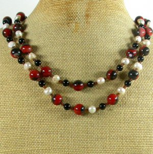 RED BLACK AGATE & FRESH WATER PEARLS 2ROW NECKLACE