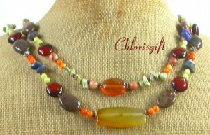 AGATE CORAL JASPER BUTTER JADE LAPIS 2ROW NECKLACE