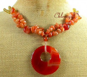 RED AGATE & HONEY JADE & YELLOW CRYSTAL 2ROW NECKLACE