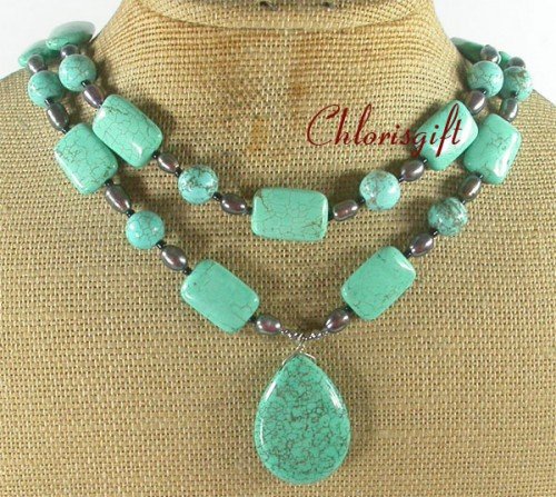 TURQUOISE & FRESH WATER PEARLS 2ROW NECKLACE