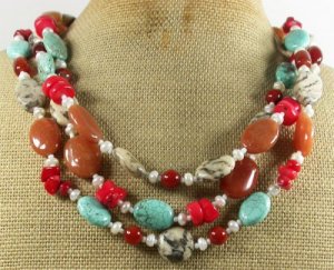 TURQUOISE AGATE CORAL JASPER HONEY JADE 3ROW NECKLACE