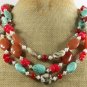 TURQUOISE AGATE CORAL JASPER HONEY JADE 3ROW NECKLACE