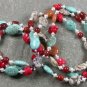 TURQUOISE AGATE CORAL JASPER HONEY JADE 3ROW NECKLACE