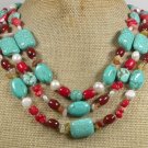 TURQUOISE RED CORAL AGATE PEARLS 3ROW NECKLACE