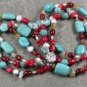 TURQUOISE RED CORAL AGATE PEARLS 3ROW NECKLACE