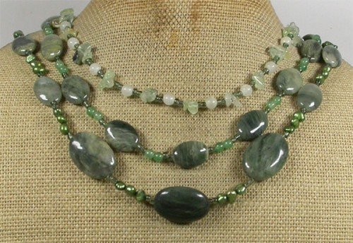 GREEN RUTILATED JASPER JADE QUARTZ PEARL 3ROW NECKLACE