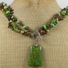 GREEN MOSAIC TURQUOISE TIGER EYE QUARTZ 3ROW NECKLACE