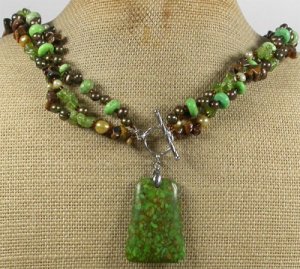 GREEN MOSAIC TURQUOISE TIGER EYE QUARTZ 3ROW NECKLACE