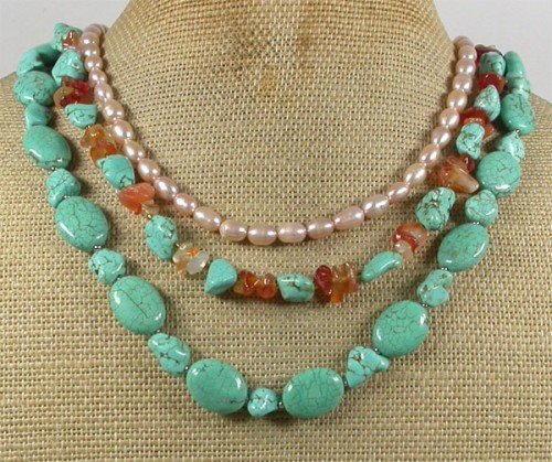 TURQUOISE AGATE FRESH WATER PEARLS 3ROW NECKLACE
