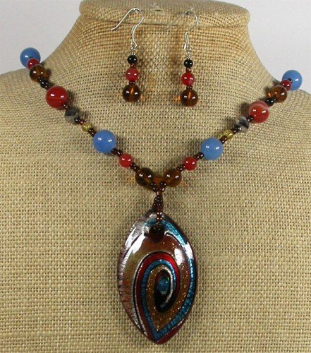 MURANO GLASS RED AGATE BLUE JADE NECKLACE/EARRINGS SET