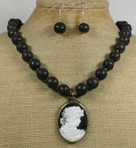 LADY CAMEO & BLACK VOLCANO LAVA NECKLACE/EARRINGS SET