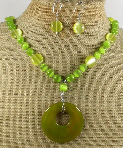 OLIVE AGATE & CAT EYE NECKLACE/EARRINGS SET