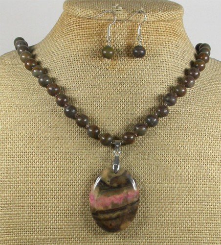 NATURAL RHODONITE BROWN JASPER NECKLACE/EARRINGS SET