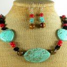 TURQUOISE CORAL TIGER EYE AGATE NECKLACE/EARRINGS SET