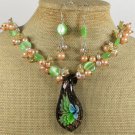 FLOWER LAMPWORK CAT EYE QUARTZ NECKLACE/EARRINGS SET