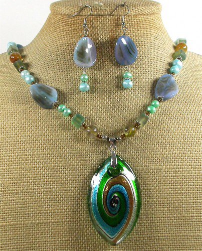MURANO GLASS AGATE QUARTZ PEARLS NECKLACE/EARRINGS SET