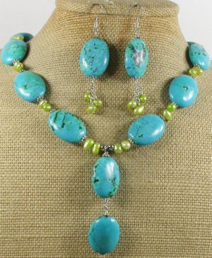 BLUE TURQUOISE & FW OLIVE PEARL NECKLACE/EARRINGS SET