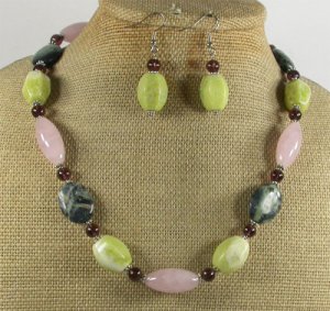 BUTTER JADE ROSE QUARTZ JASPER NECKLACE/EARRINGS SET